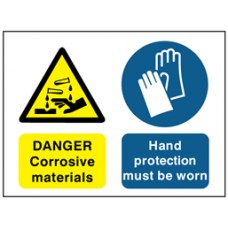 Danger Corrosive materials, Hand protection must be worn safety Sign. Danger Corrosive materials, Hand protection must be worn safety Sign.
