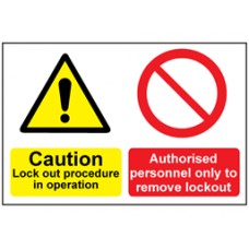 Caution lock out procedure in operation, authorised personnel only Sign.