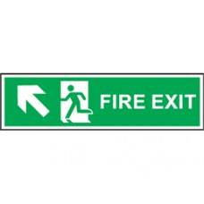 Fire exit arrow diagonal up-left symbol and text safety Sign.