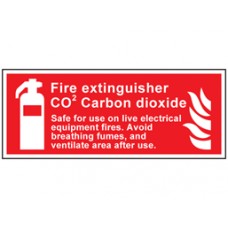 Fire extinguisher CO2 carbon dioxide Safe for use on live electrical equipment symbol & text safety Sign.