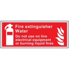 Fire extinguisher water, Do not use on live electrical equipment or burning liquid fires symbol and text Sign.