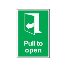 Pull to open (arrow left) symbol and text safety Sign.