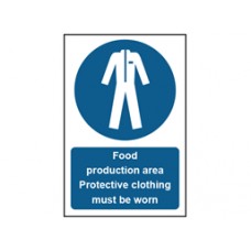 Food production area. Protective clothing must be worn safety Sign.